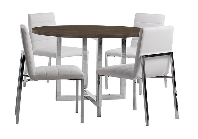 Amalfi White Wood Round Table & 4 Upholstered Chairs