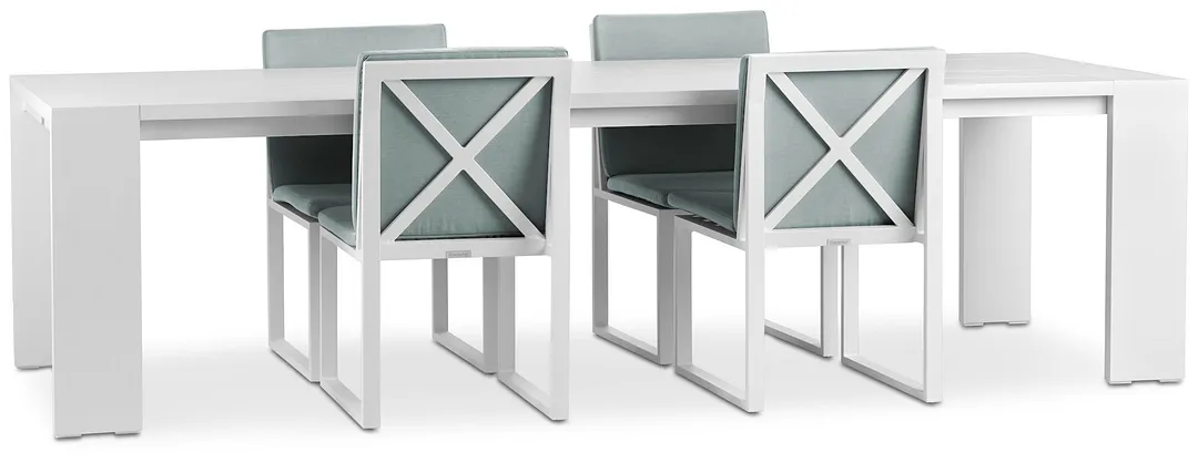Linear White Teal 110" Aluminum Table & 4 Cushioned Side Chairs
