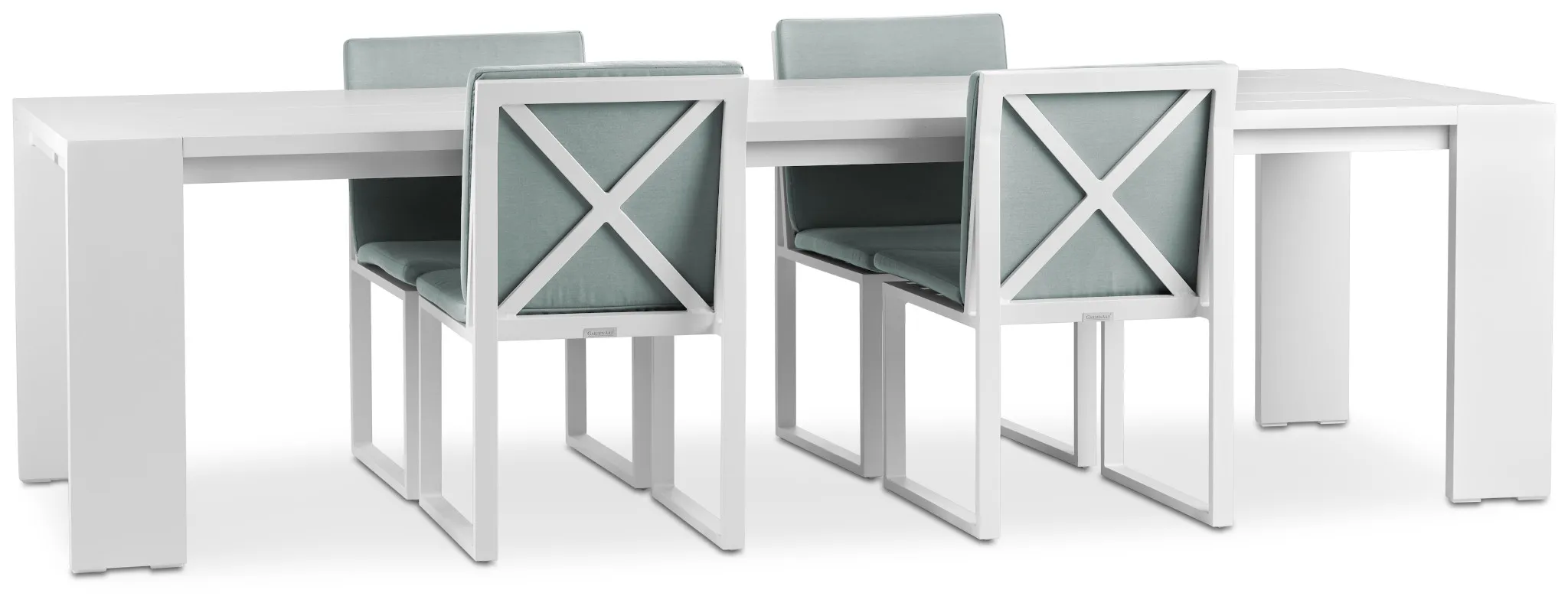 Linear White Teal 110" Aluminum Table & 4 Cushioned Side Chairs
