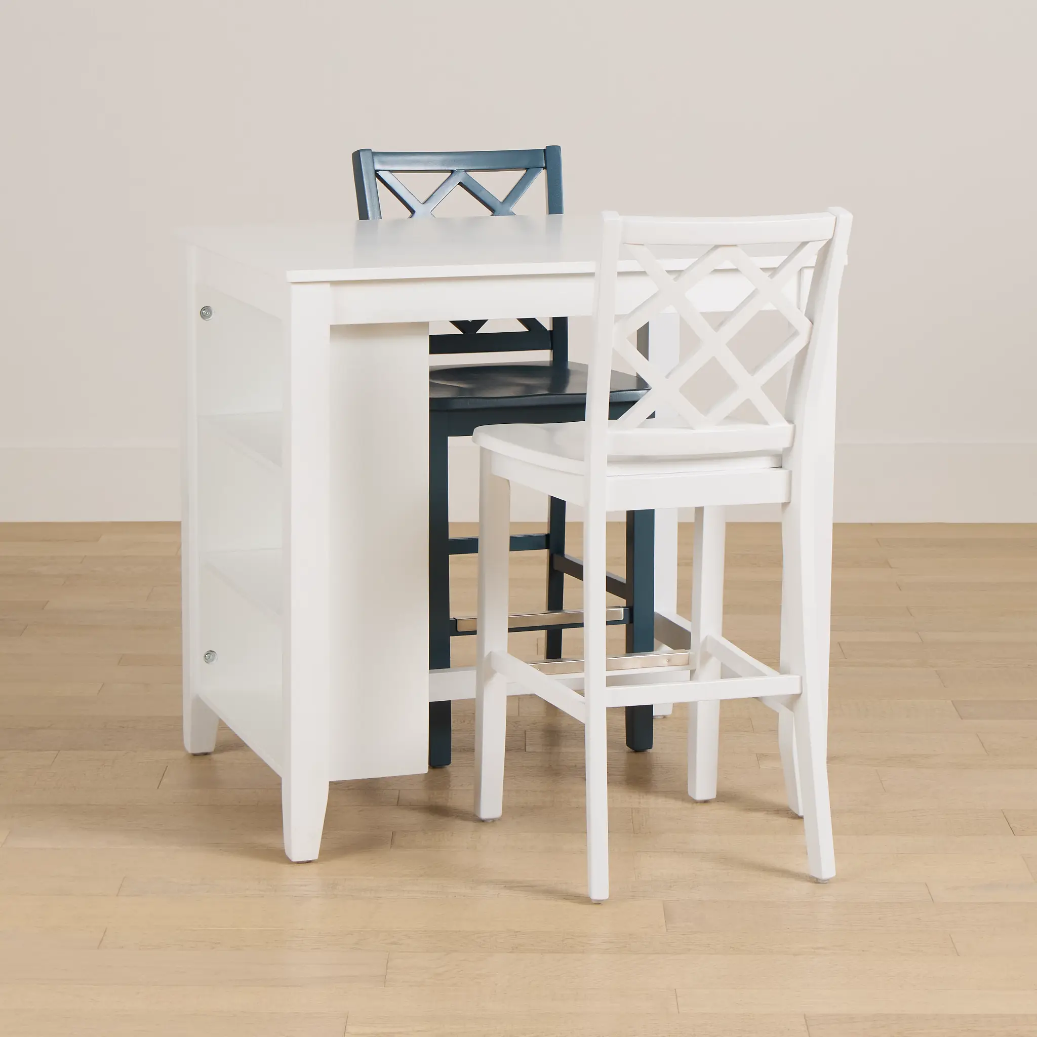 Edgartown White Square High Table & 4 Light Blue Wood Barstools Edgartown White Square High Table & 4 Light Blue Wood Barstools