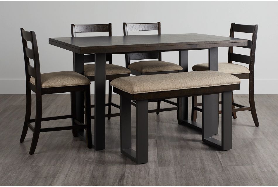 Sawyer Dark Tone High Table, 4 Barstools & High Bench