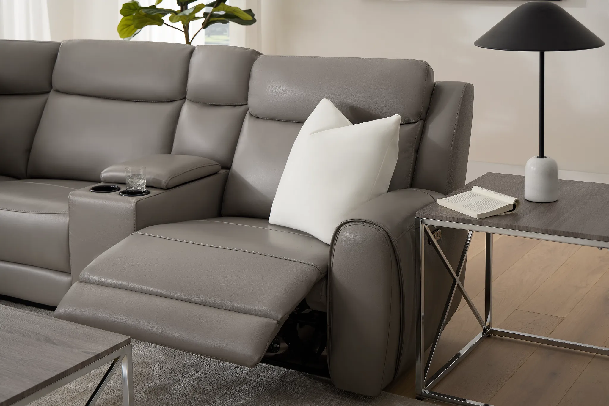 Walker Light Gray Lthr/vinyl Medium Triple Power 2-arm Sectional