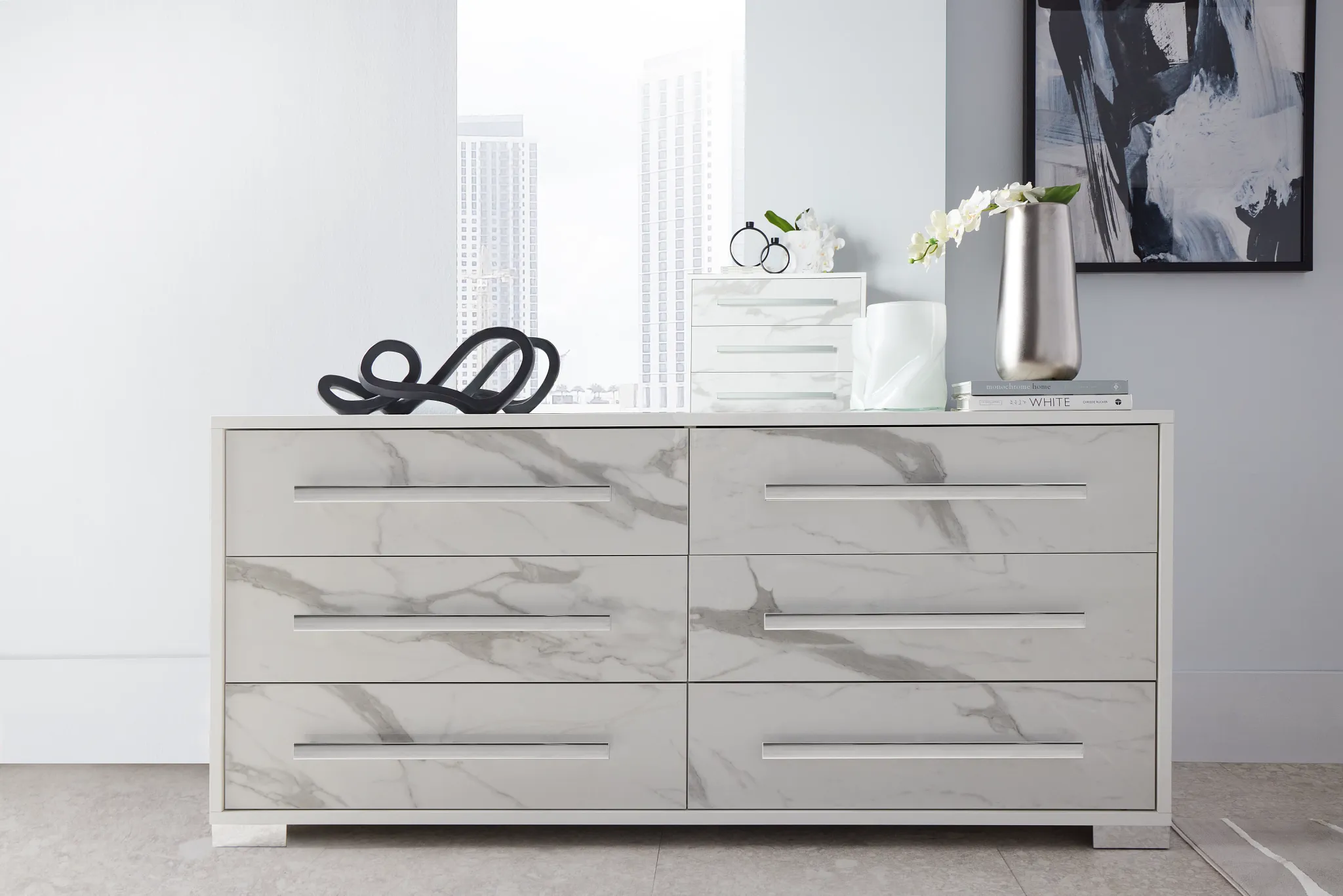 Modena White Dresser & Mirror