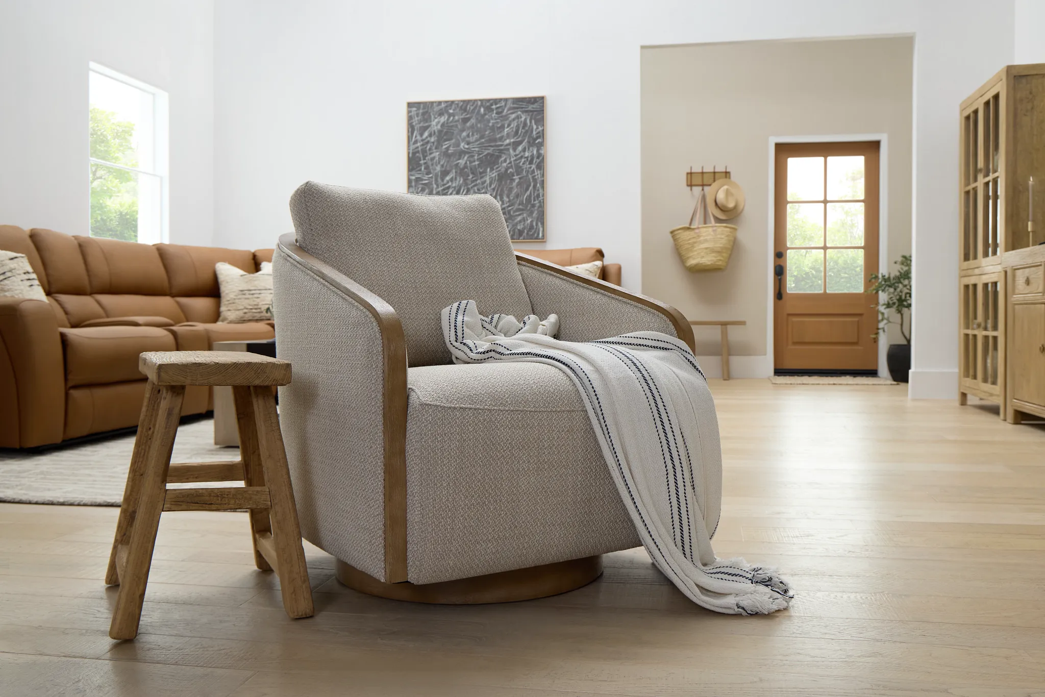 Campbell Beige Fabric Swivel Accent Chair