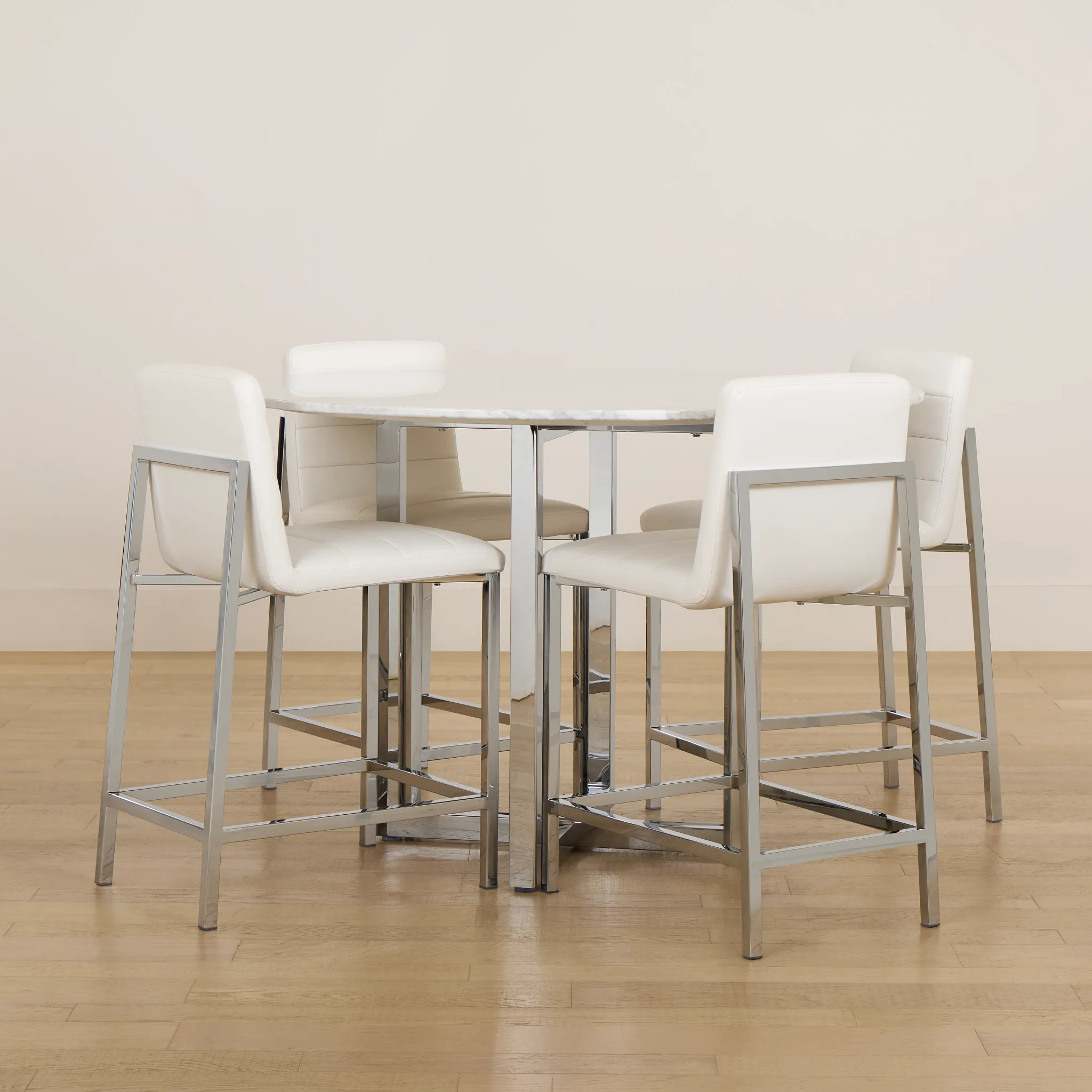 Amalfi White Marble High Table & 4 Upholstered Barstools