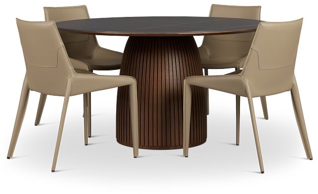 Wayne Two-tone Round Table With 4 Beige Upholstered Side Chairs