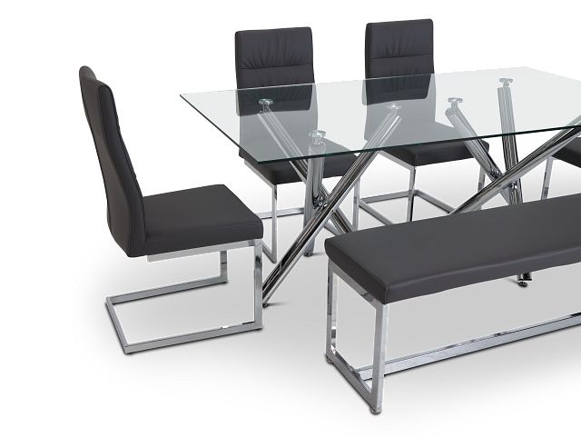 Quincy Glass Gray Table, 4 Chairs & Bench