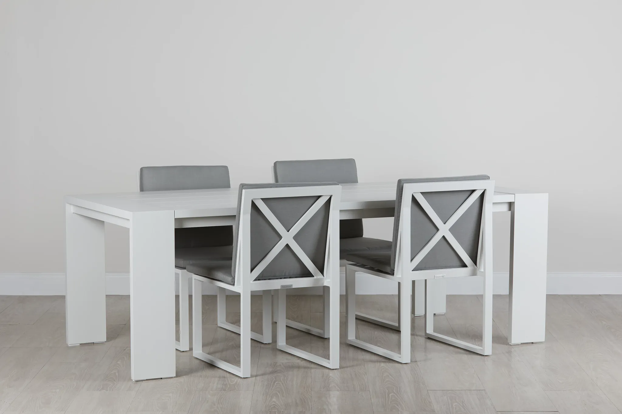 Linear White Gray 87" Aluminum Table & 4 Cushioned Side Chairs