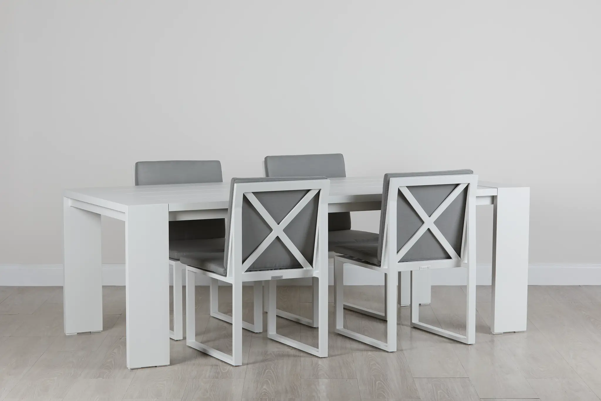 Linear White Gray 87" Aluminum Table & 4 Cushioned Side Chairs Linear White Gray 87" Aluminum Table & 4 Cushioned Side Chairs