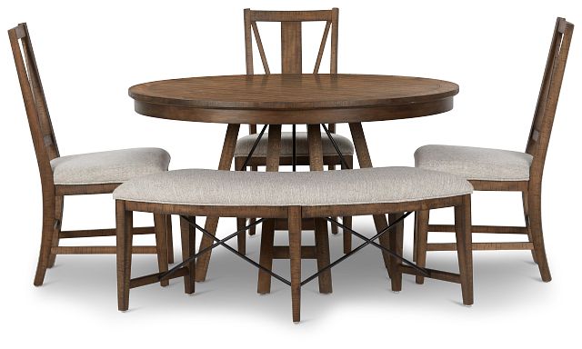 Heron Cove Mid Tone Round Table, 3 Chairs & Bench