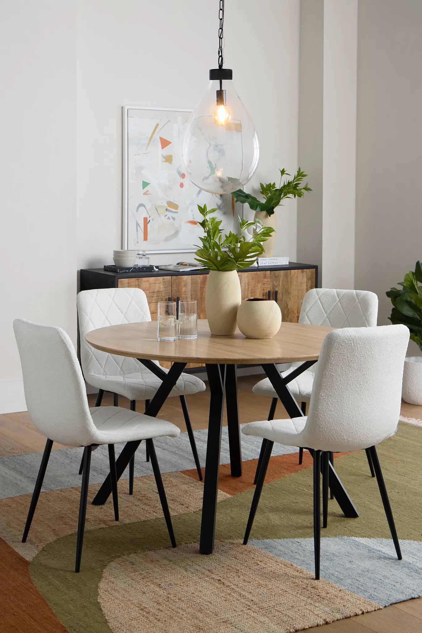 Lynden Light Tone Round Table & 4 White Upholstered Side Chairs