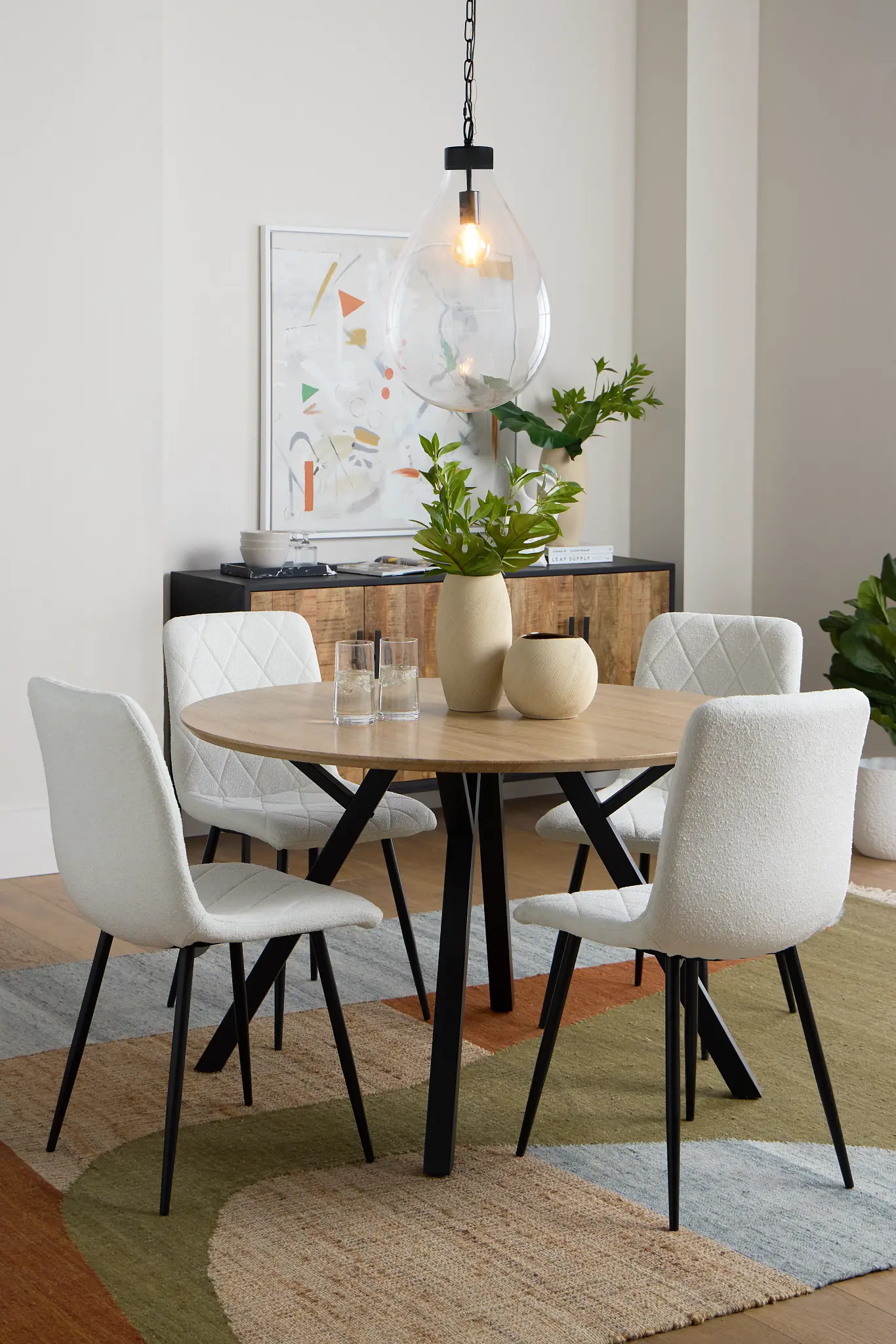 Lynden Light Tone Round Table & 4 White Upholstered Side Chairs Lynden Light Tone Round Table & 4 White Upholstered Side Chairs