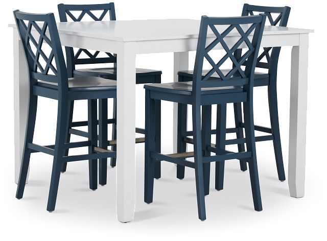 Edgartown Rectangular White High Table & 4 Navy Wood Barstools