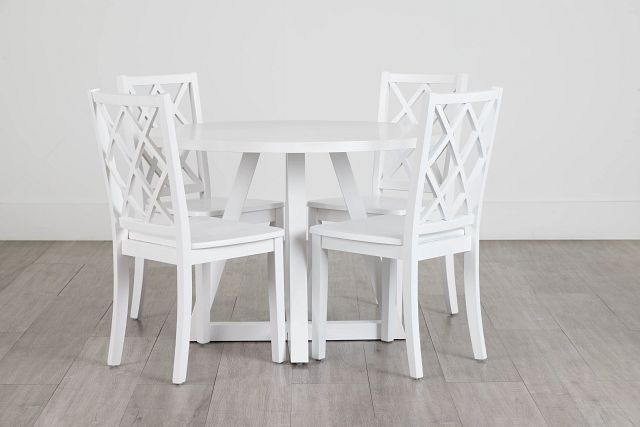 Edgartown White Round Table & 4 White Wood Chairs