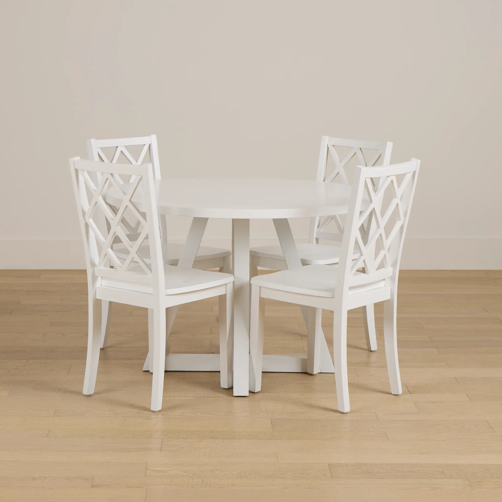 Edgartown White Round Table & 4 White Wood Chairs Edgartown White Round Table & 4 White Wood Chairs