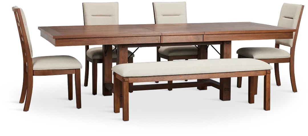 Park City Dark Tone Rect Table With 4 Upholstered Side Chairs & Bench