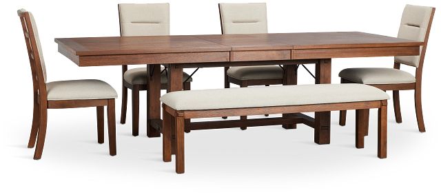 Park City Dark Tone Rect Table With 4 Upholstered Side Chairs & Bench