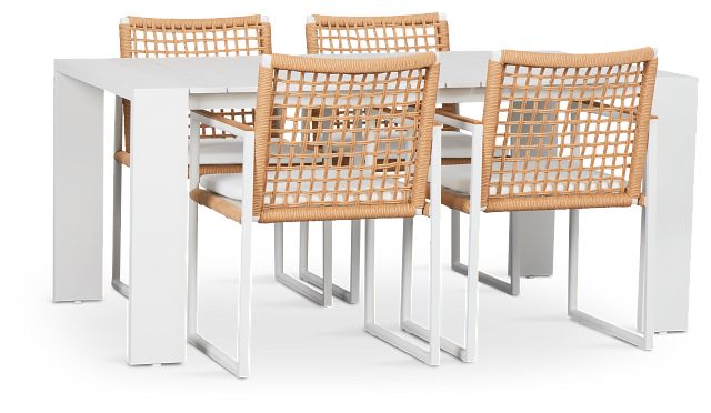 Sunrise White 65" Rectangular Table & 4 Teak Arm Chairs