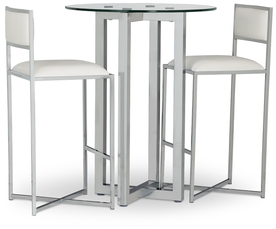 Amalfi White Glass Pub Table & 2 Metal Barstools