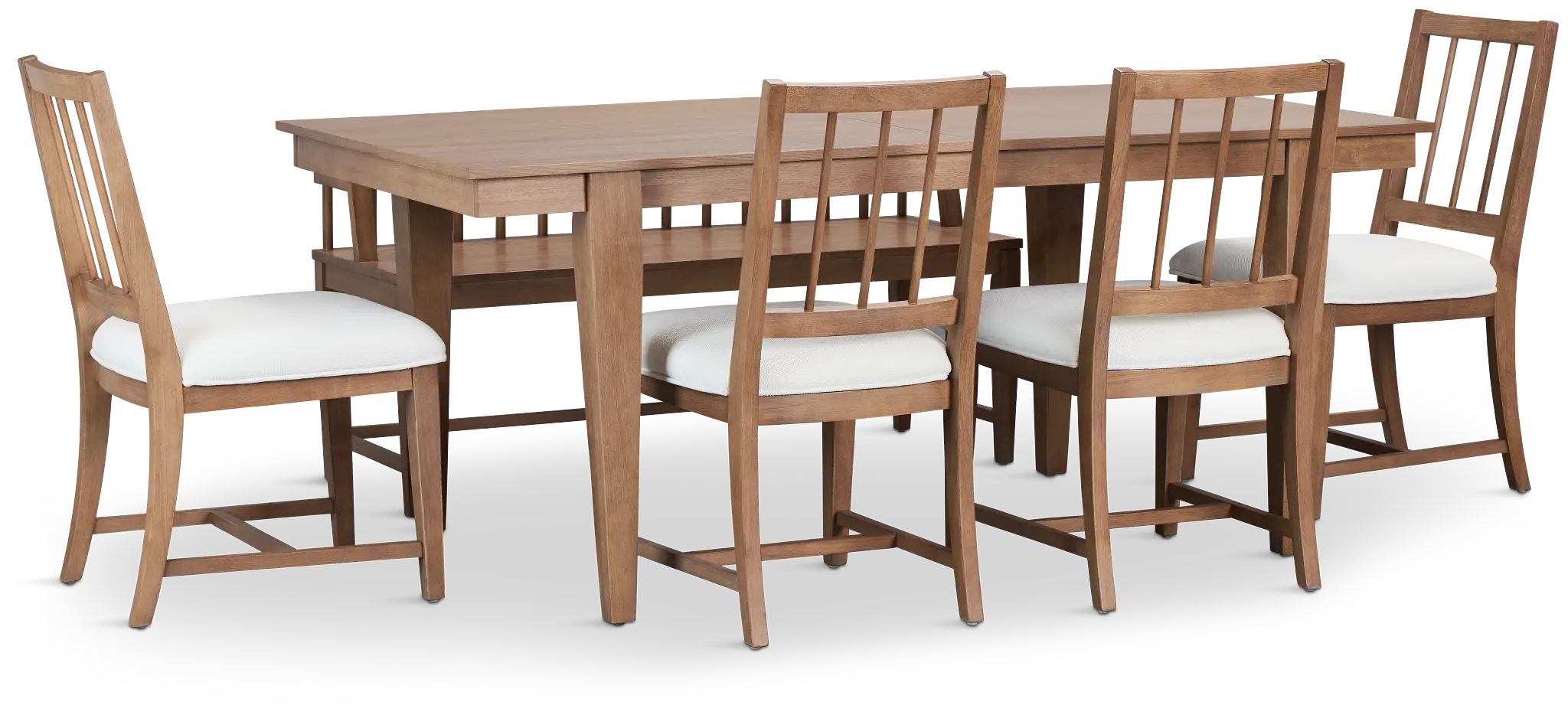 Provo Mid Tone Rect Table, 4 White Chairs & Bench Provo Mid Tone Rect Table, 4 White Chairs & Bench