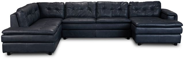 Rowan Navy Leather U-shaped Sectional W/ Left Bumper