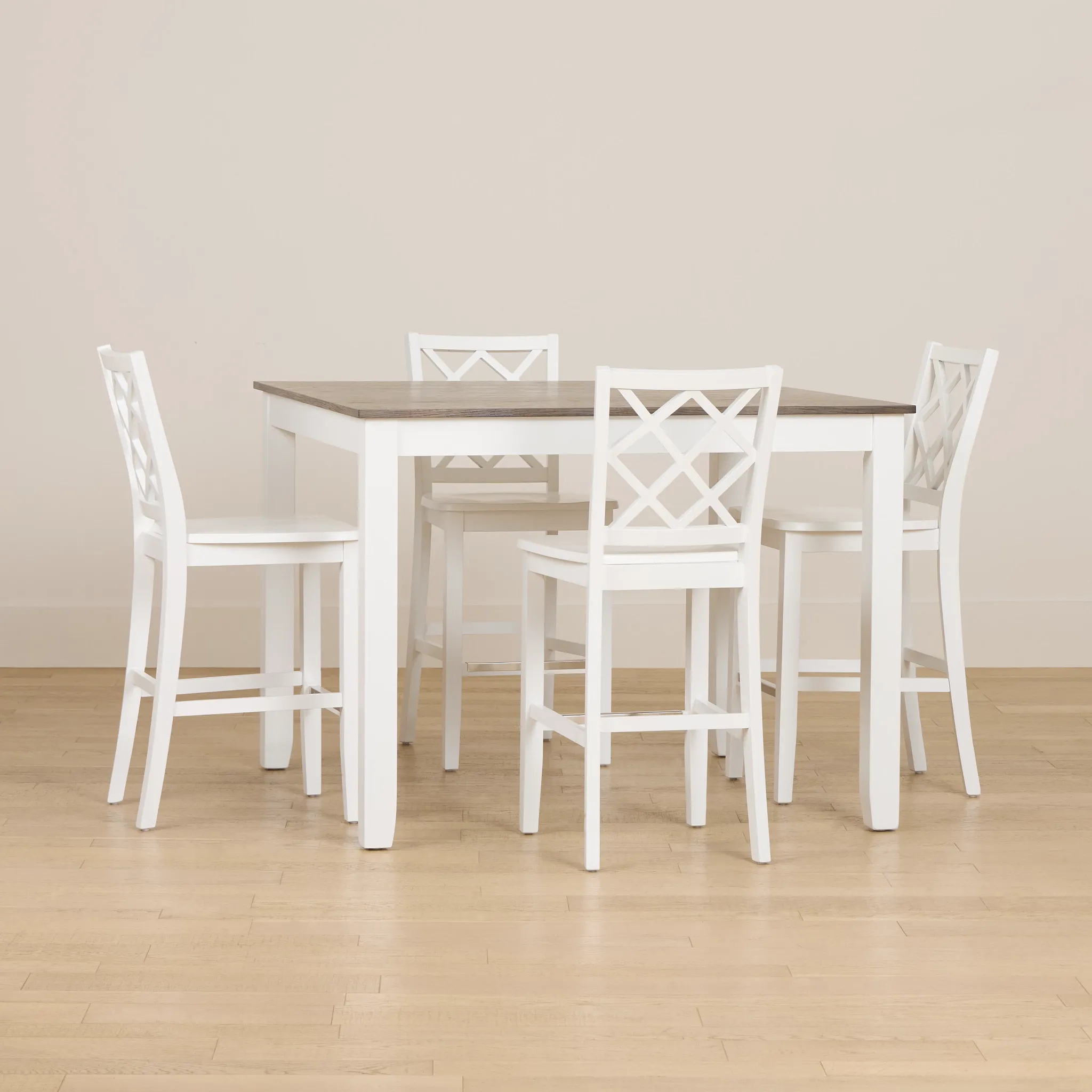 Edgartown Two-tone Square High Table & 4 White Wood Barstools