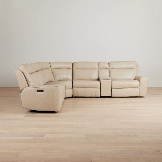 Benji Light Beige Lthr/vinyl Medium Triple Power 2-arm Sectional