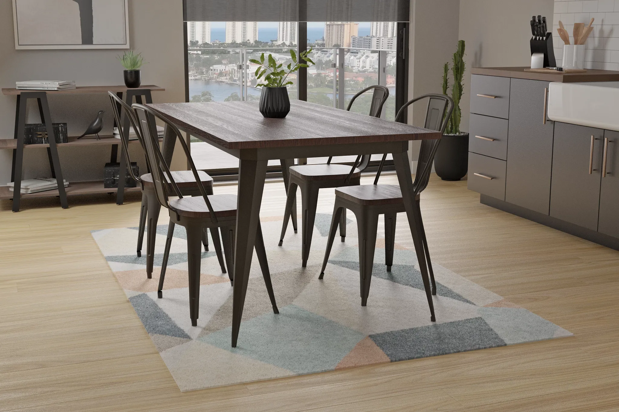 Harlow Dark Tone Rect Table & 4 Wood Chairs