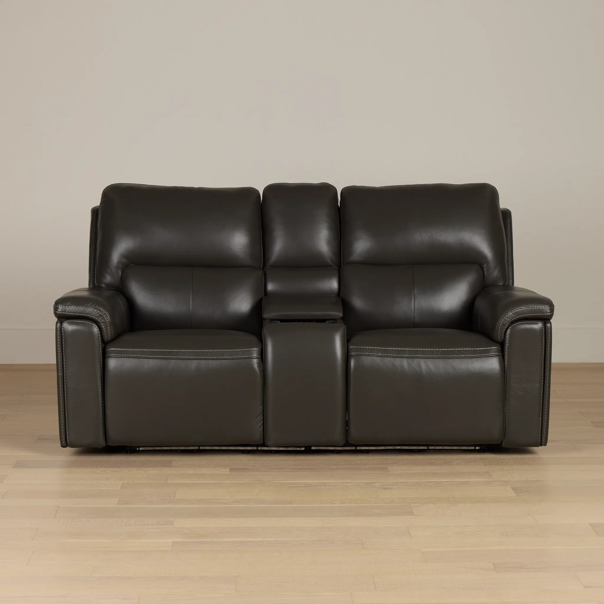 Fallon Dark Gray Lthr/vinyl Power Reclining Console Loveseat W/ Massage