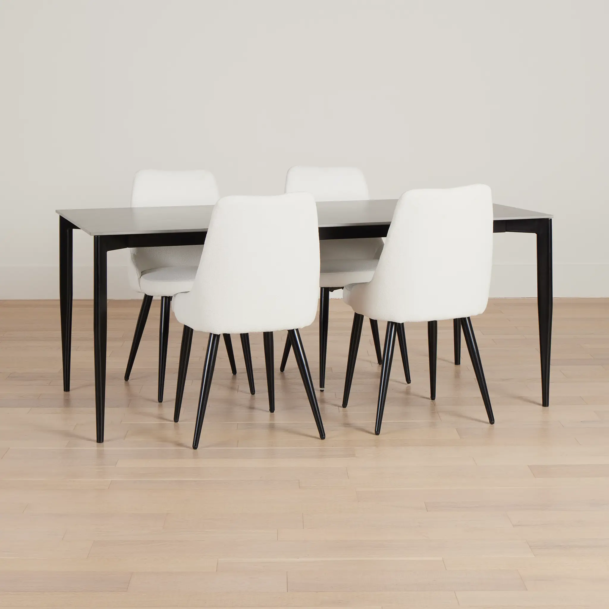 Andover Gray Rect Table & 4 White Upholstered Curved Chairs Andover Gray Rect Table & 4 White Upholstered Curved Chairs