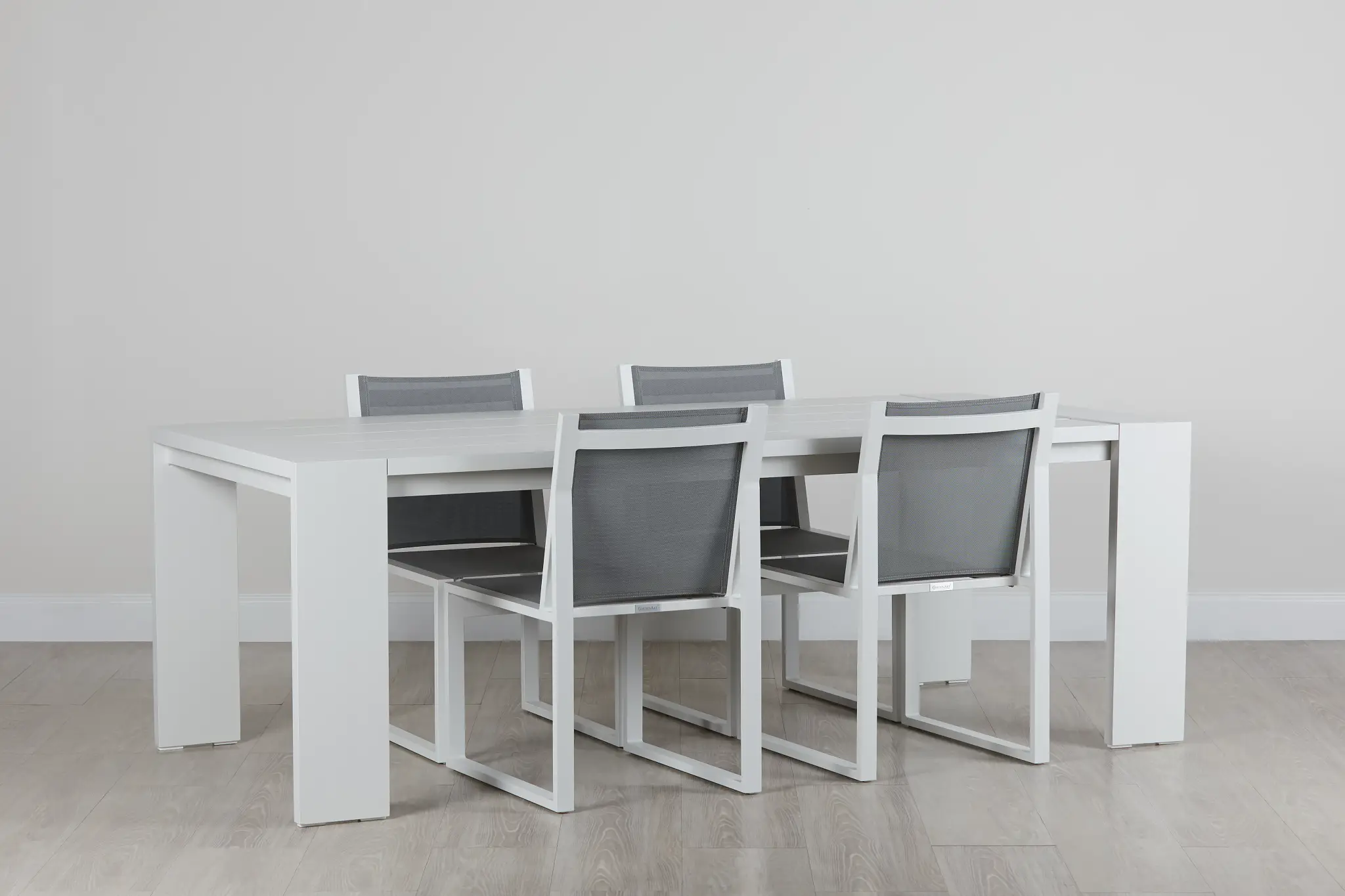 Linear White 87" Aluminum Table & 4 Sling Side Chairs Linear White 87" Aluminum Table & 4 Sling Side Chairs