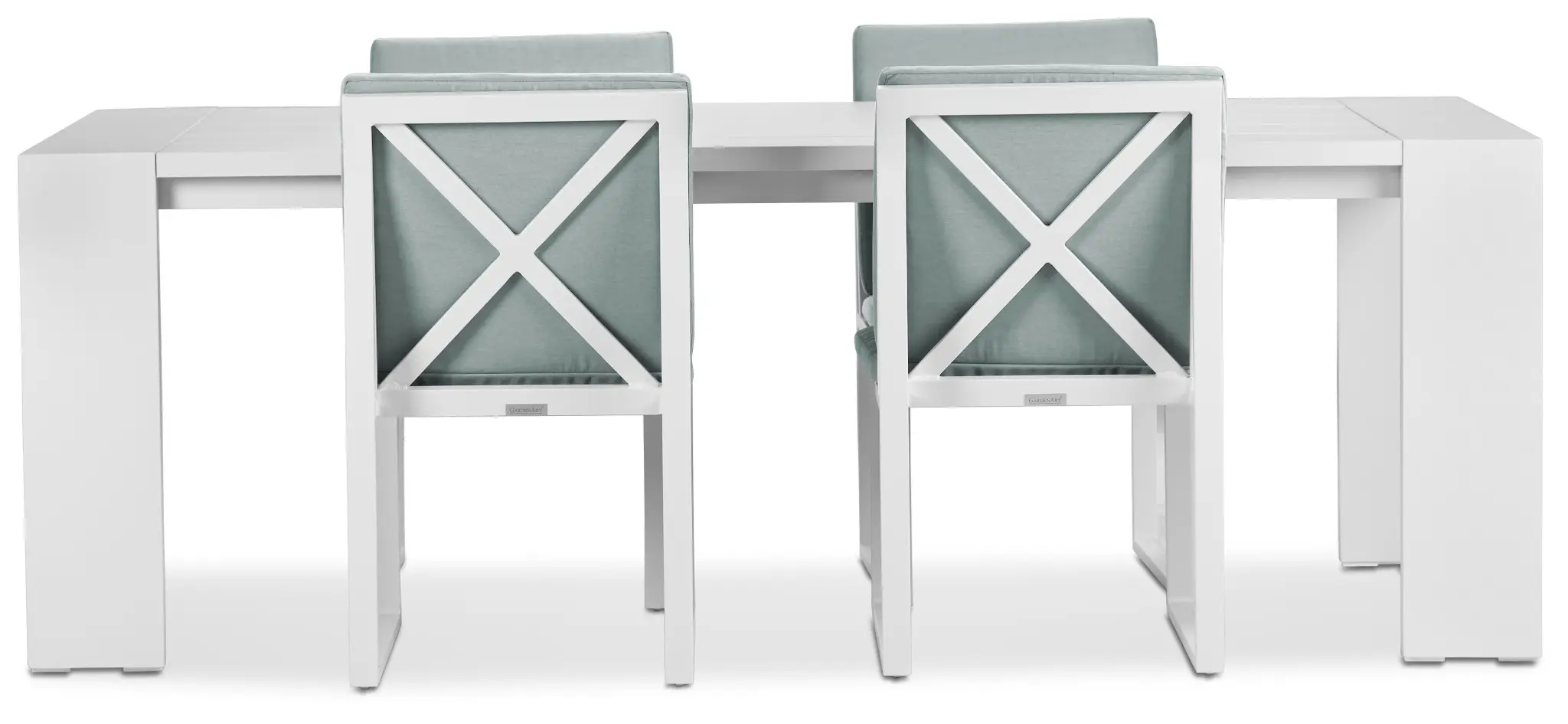 Linear White Teal 87" Aluminum Table & 4 Cushioned Side Chairs Linear White Teal 87" Aluminum Table & 4 Cushioned Side Chairs