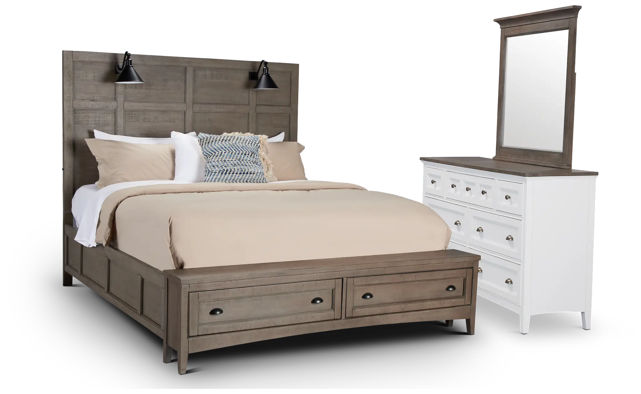 Heron Cove Light Tone Lighted Panel Bench Bedroom With Two-tone Cases Heron Cove Light Tone Lighted Panel Bench Bedroom With Two-tone Cases