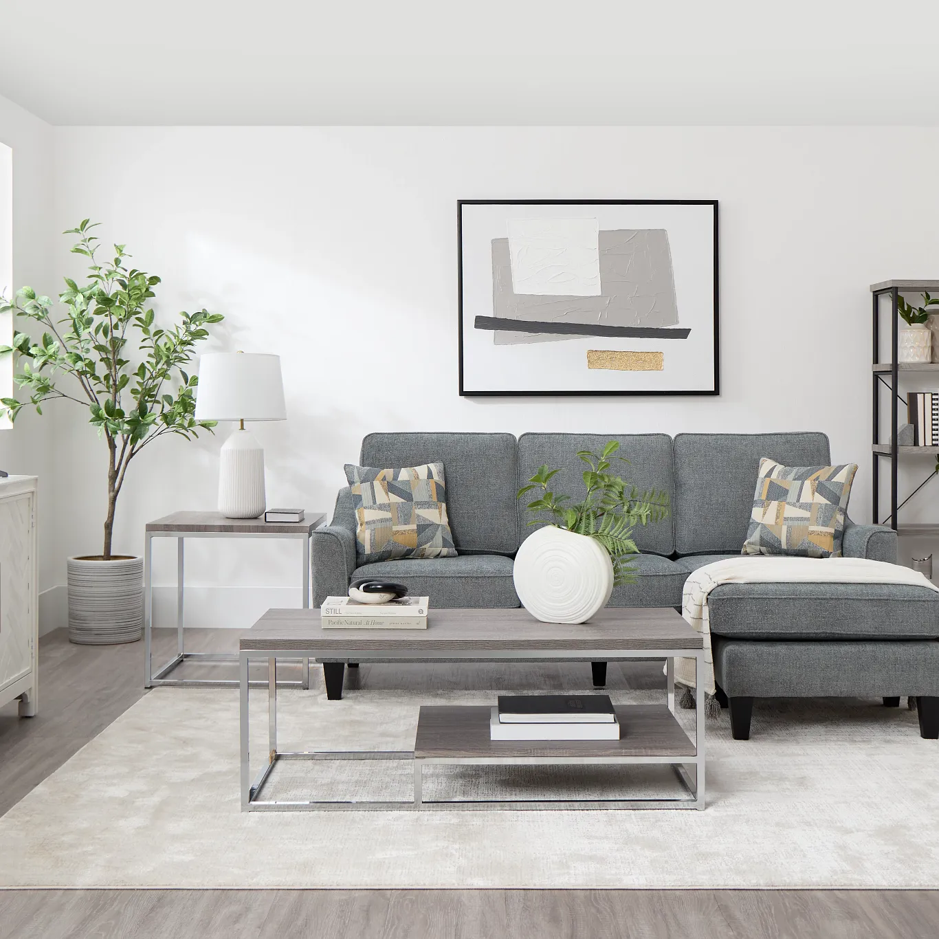 Grant White Fabric 4-piece Bumper Sectional | Living Room