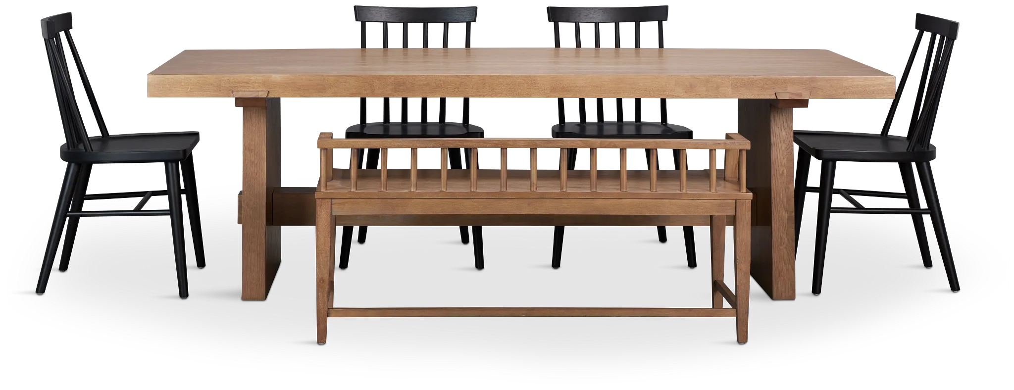 Provo Mid Tone Trestle Table With 4 Wood Side Chairs & Bench