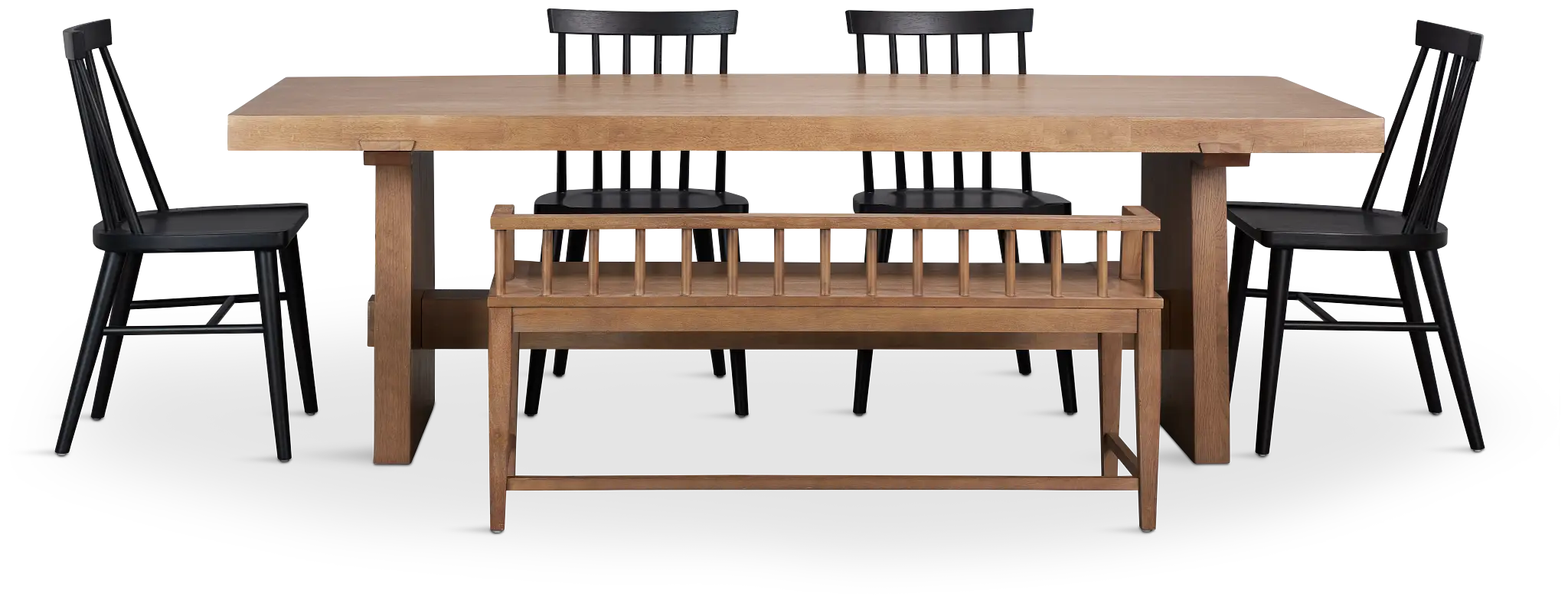 Provo Mid Tone Trestle Table With 4 Wood Side Chairs & Bench Provo Mid Tone Trestle Table With 4 Wood Side Chairs & Bench