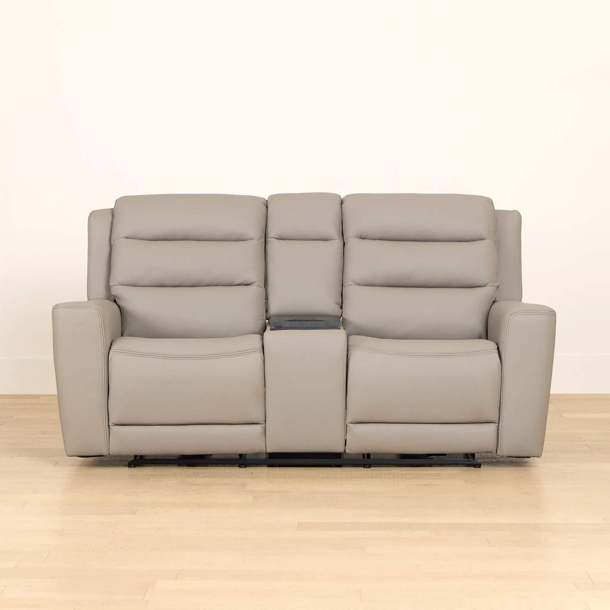 Wilder Taupe Leather Power Reclining Console Loveseat With Refrigerator