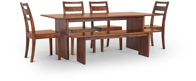 Bowery Dark Tone Rect Table, 4 Chairs & Bench