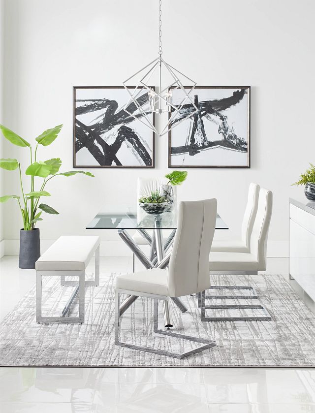 Quincy Glass White Table, 4 Chairs & Bench