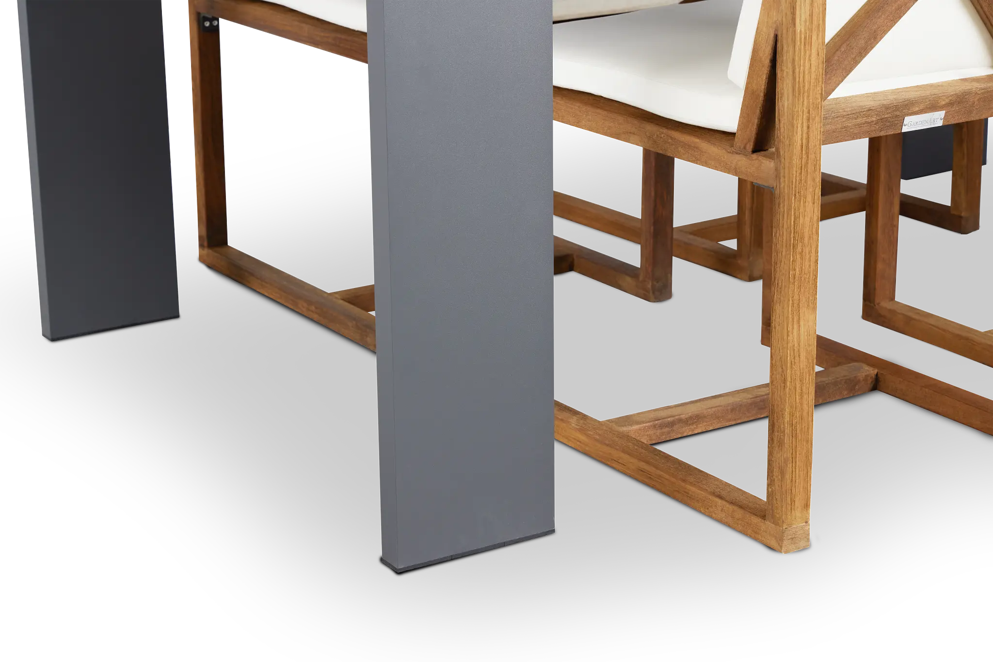 Linear Dark Gray White 70" Aluminum Table & 4 Teak Cushioned Side Chairs Linear Dark Gray White 70" Aluminum Table & 4 Teak Cushioned Side Chairs