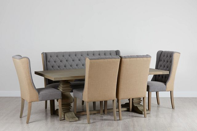 Hadlow Gray 84" Table 4 Tufted Chairs & Bench
