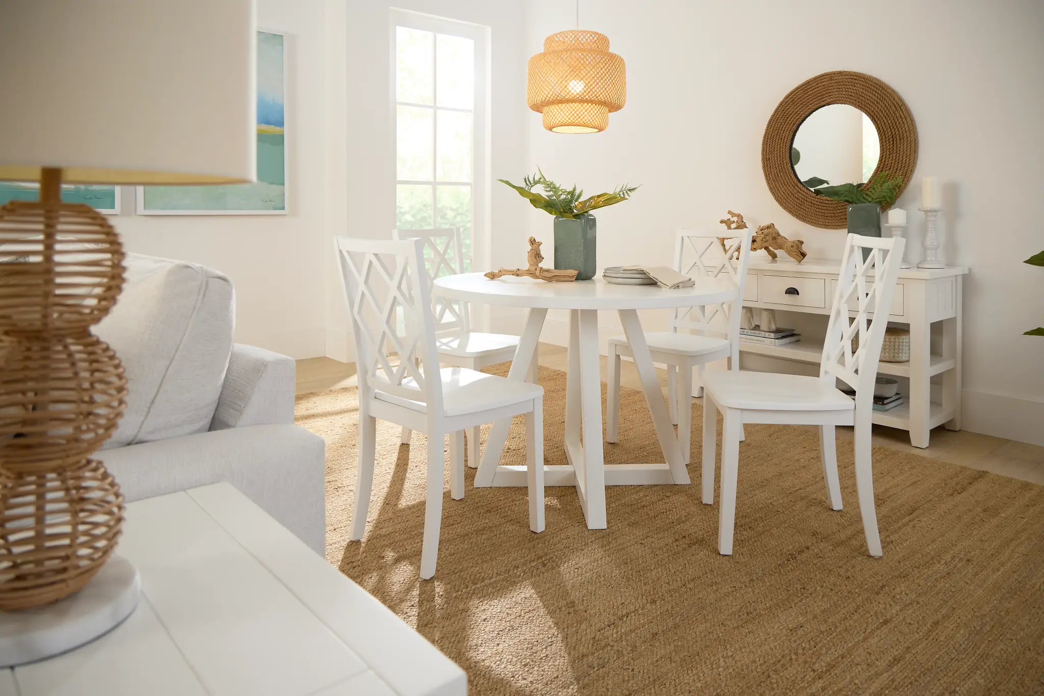 Edgartown White Round Table & 4 White Wood Chairs Edgartown White Round Table & 4 White Wood Chairs