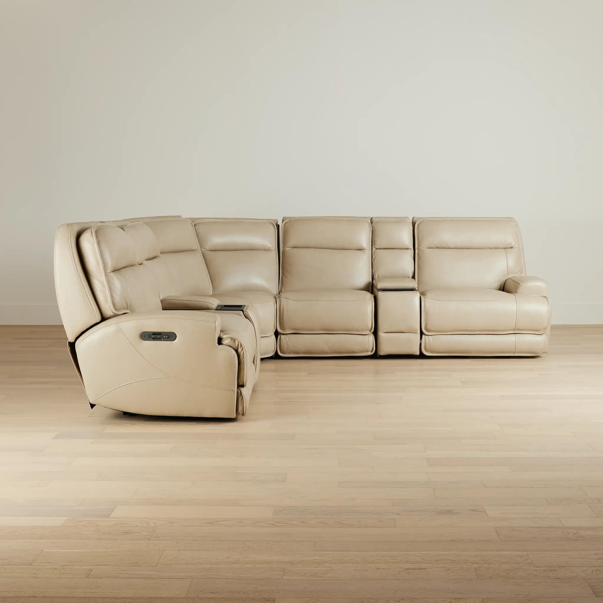 Casey Light Beige Lthr/vinyl Large Triple Power Reclining Two-arm Sectional Casey Light Beige Lthr/vinyl Large Triple Power Reclining Two-arm Sectional