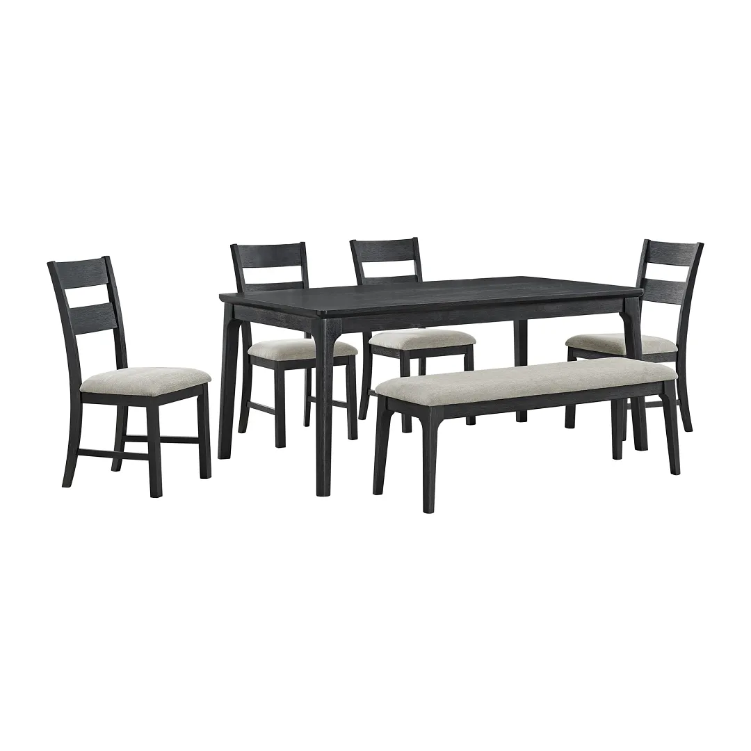 Kerensa Black Rect Table With 4 Upholstered Side Chairs & Bench