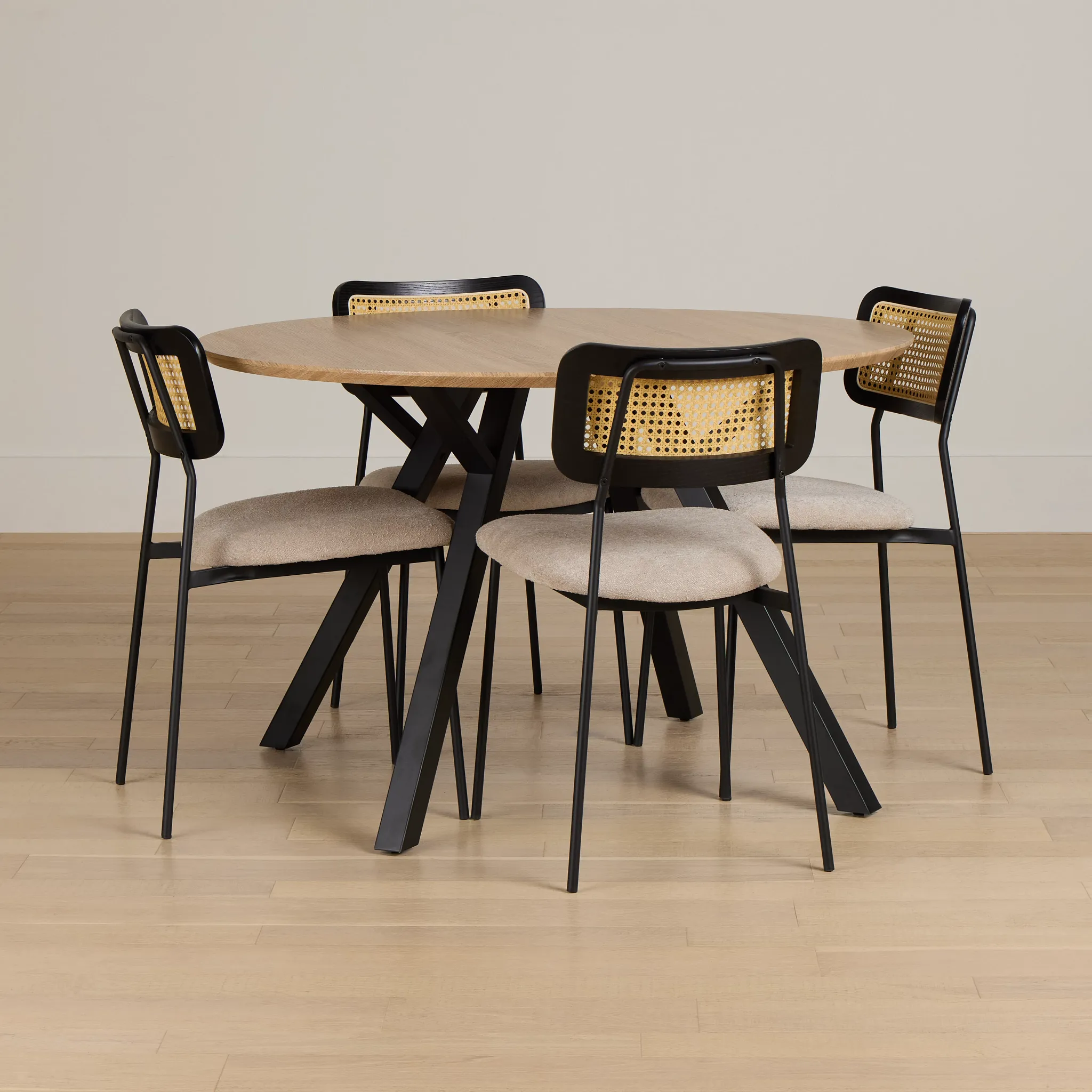 Lynden Light Tone Round Table & 4 Beige Woven Upholstered Side Chairs