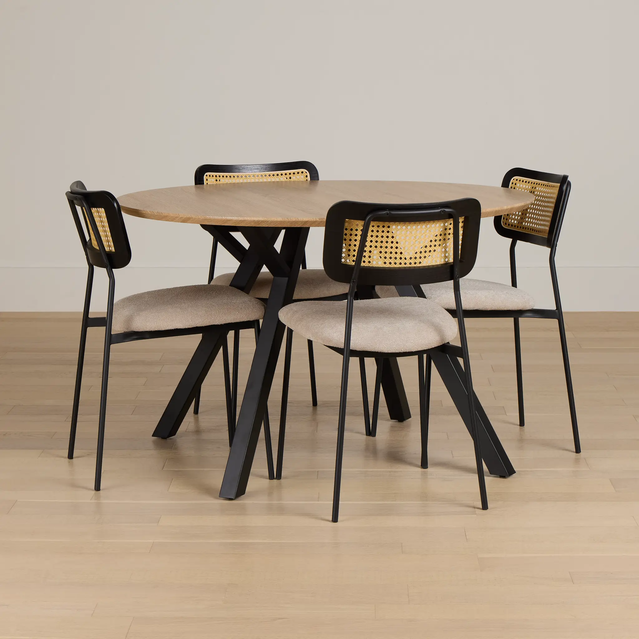 Lynden Light Tone Round Table & 4 Beige Woven Upholstered Side Chairs Lynden Light Tone Round Table & 4 Beige Woven Upholstered Side Chairs