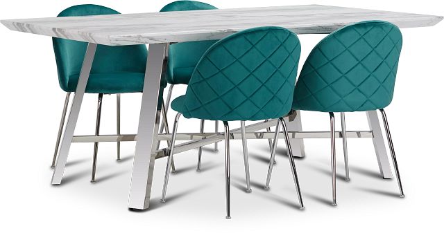 Capri Stainless Steel Dk Teal Rectangular Table & 4 Upholstered Chairs