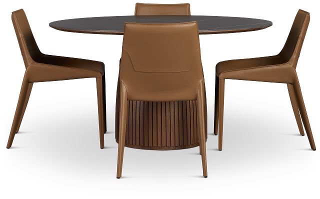Wayne Two-tone Stone Round Table & 4 Brown Upholstered Chairs
