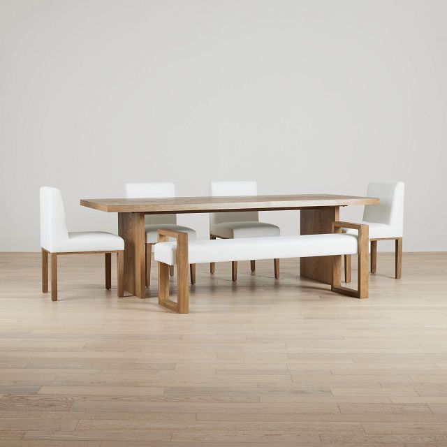 Haven Light Tone Wood Rectangular Table With 4 Side Chairs & Bench