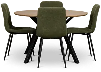 Lynden Light Tone Round Table & 4 Green Upholstered Side Chairs